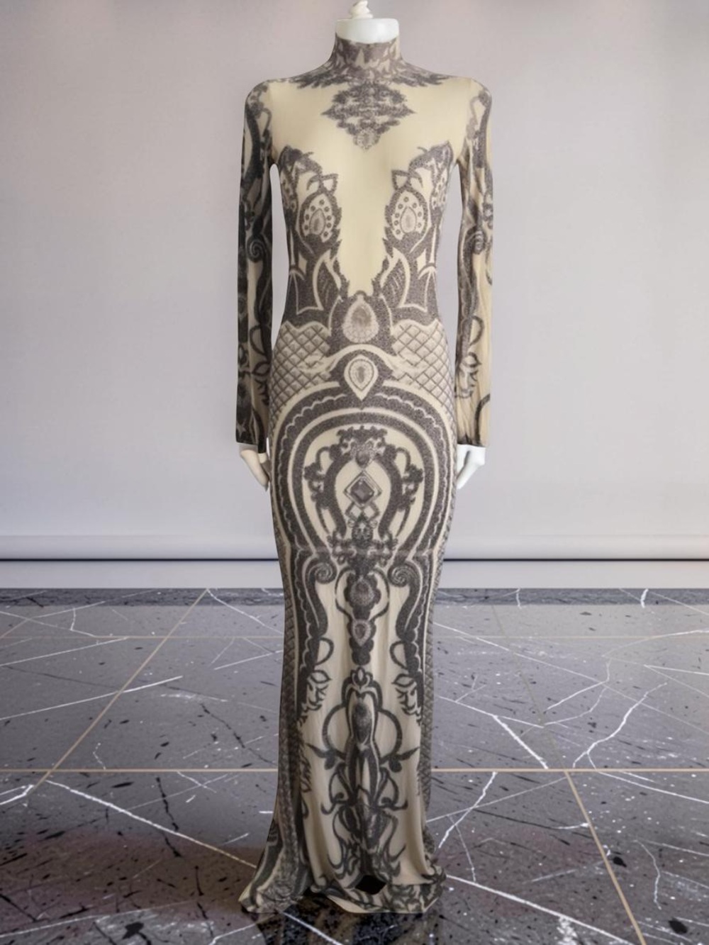 STUNNING KIKIRIKI Vintage-Vibe Baroque Mesh Tattoo Maxi Dress Size M - Picture 3 of 11